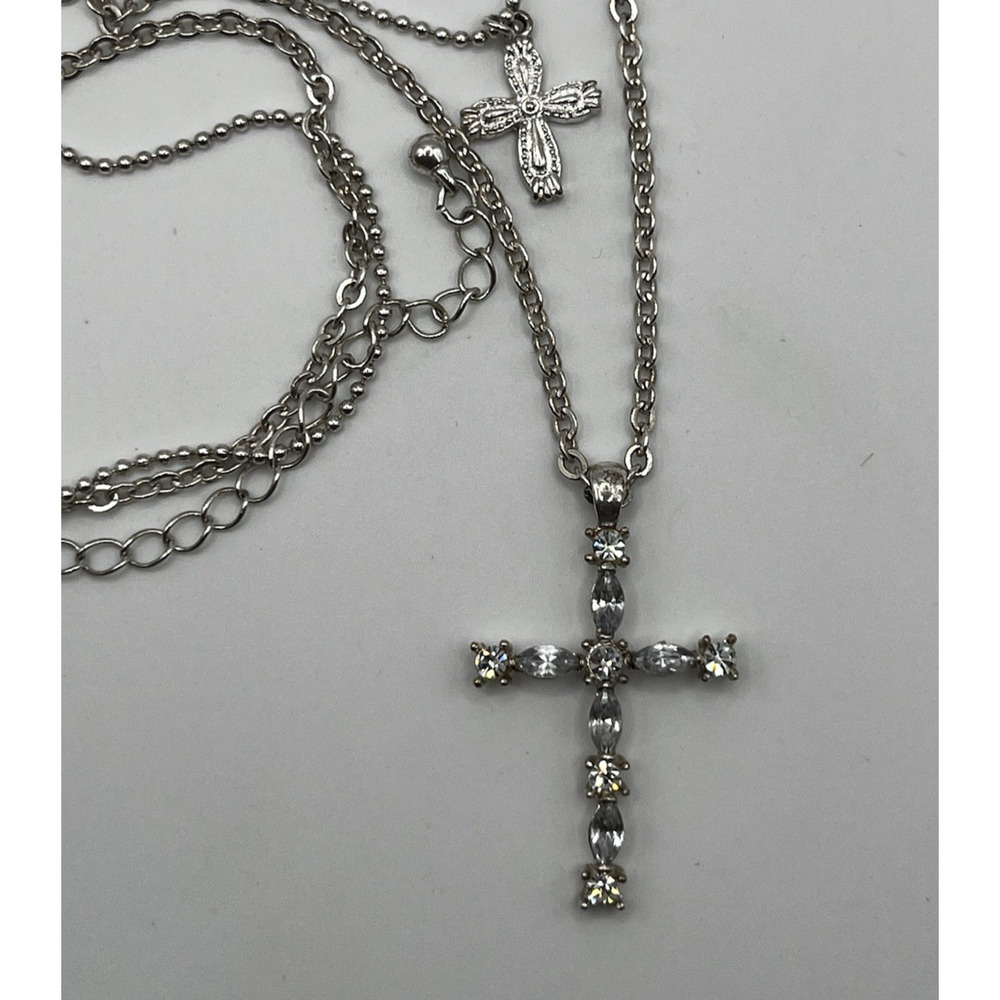 Silver Tone Rhinestone Cross Pendant Necklace Layered Charm Elegant Christian